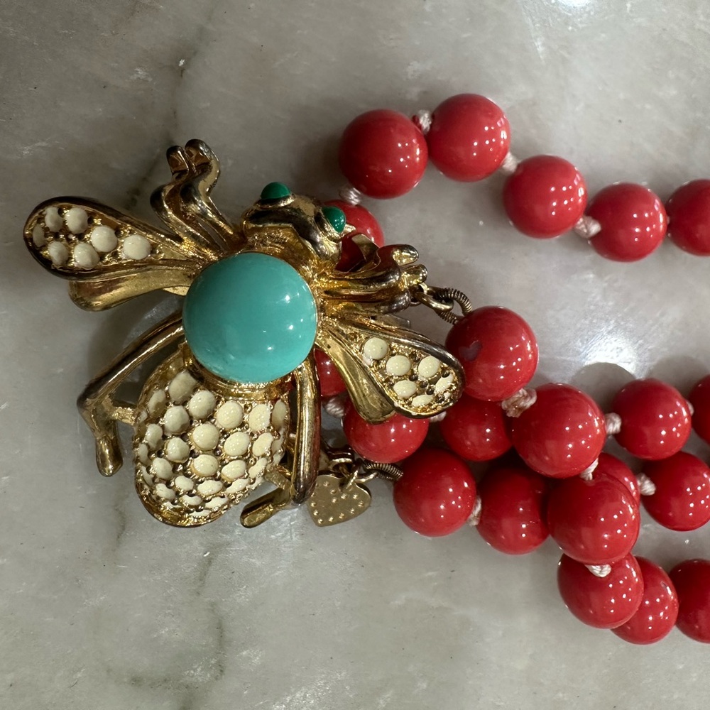 Red Beaded Necklace with Gold Insect Pendant